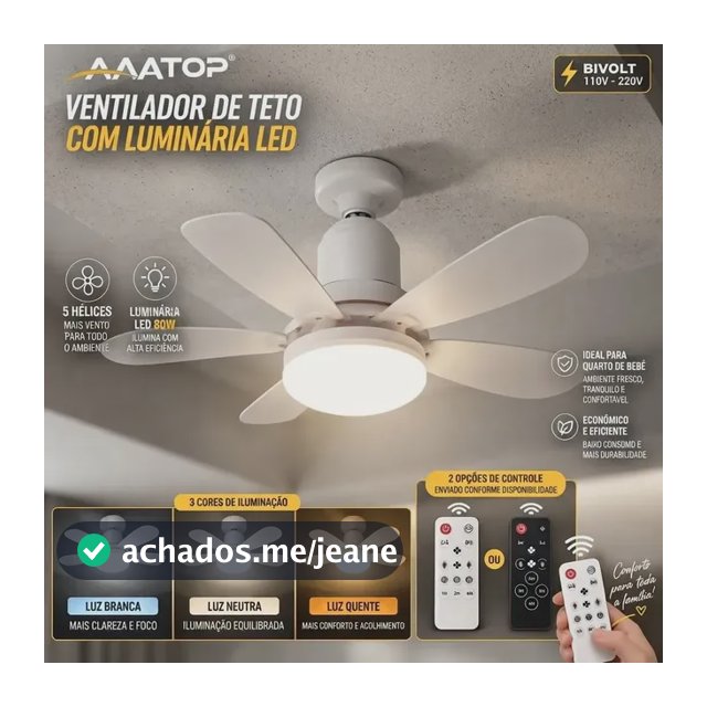 Ventilador De Teto 80W Aaatop Lâmpada Led Bucal E27 5 Hélices Controle Ajustável Bivolt 50hz/60hz Branco