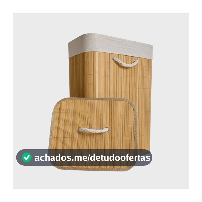 Cesto de Roupa Bambu Retangular de 72L com Tampa e Forro de Linho