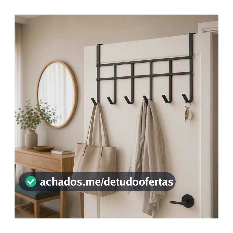 Suporte Cabide Porta 6 Ganchos Encaixe Porta Pendura Roupas Acessórios Quarto Banheiro Cozinha Metal Green Clean Preto