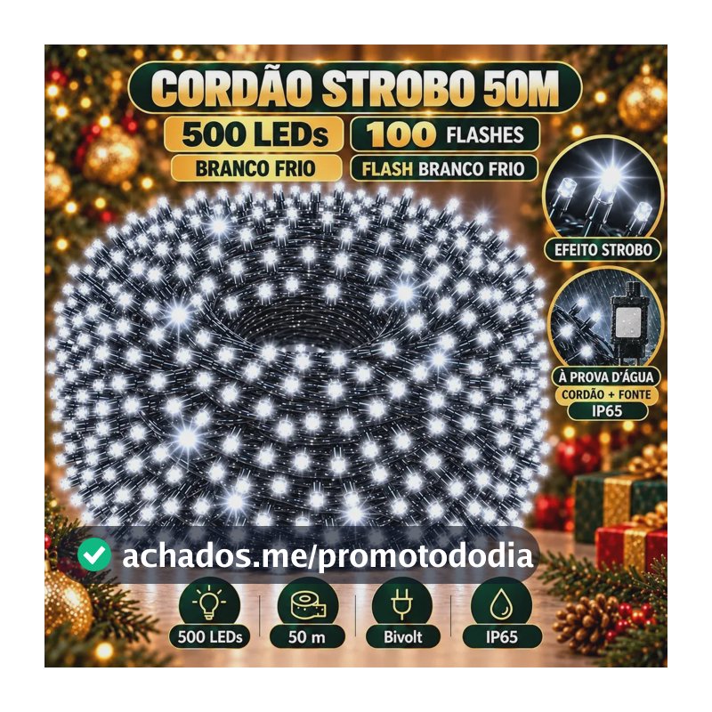 Strobo Pisca Pisca Cordão Natal 500 Leds 50m Prova D'Água Bivolt Branco Frio 100 Flash Branco Frio Decoração Enfeite Natal LuvinCo
