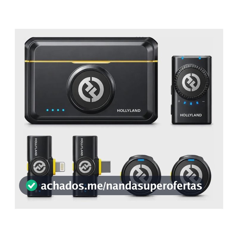 Microfone de lapela Hollyland Lark M2 Combo Preto. Sem Fio Duplo Com Cancelamento de Ruído USB-C Lightning Para iPhone Android Câmera Entrevistas Com Estojo de Carregamento Áudio 48kHz 24-bit