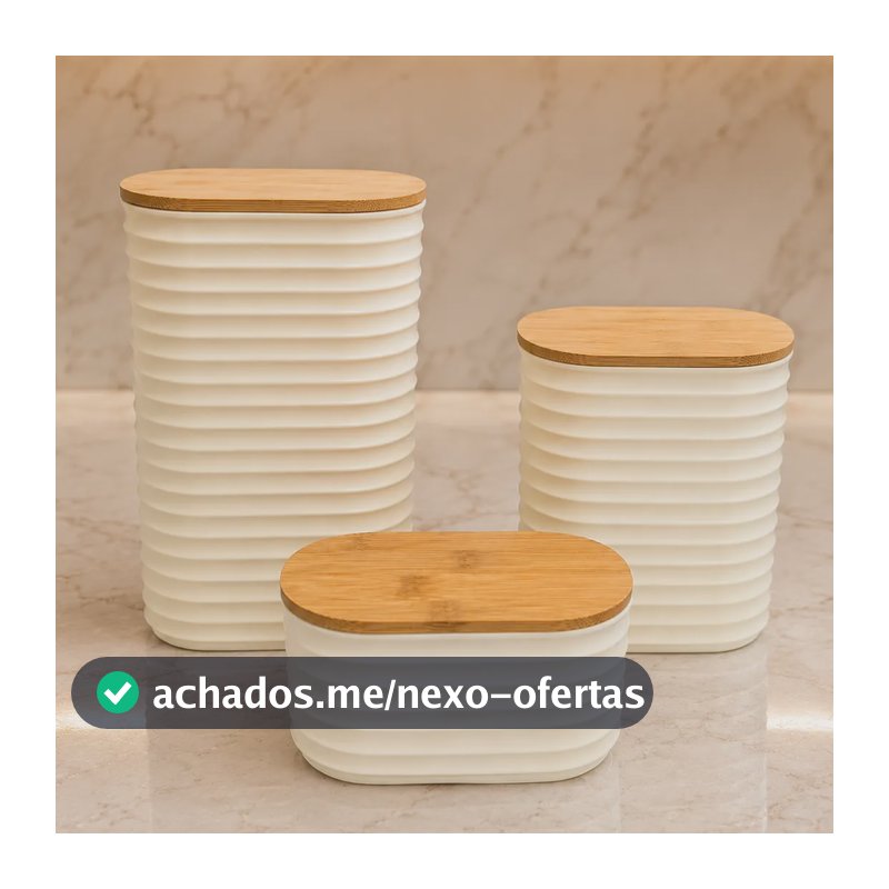 Kit Pote Porta Mantimentos Plástico Tampa De Bambu Cozinha Kit De 3 Off White Pmg
