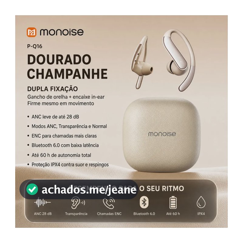 Fone de Ouvido Esportivo Sem Fio Monoise P-Q16 In Ear Bluetooth 6.0 para Corrida com Gancho e Microfone ANC Leve e ENC Estojo com Indicador Digital IPX4 Contra Suor Até 60 Horas Controle Touch com App