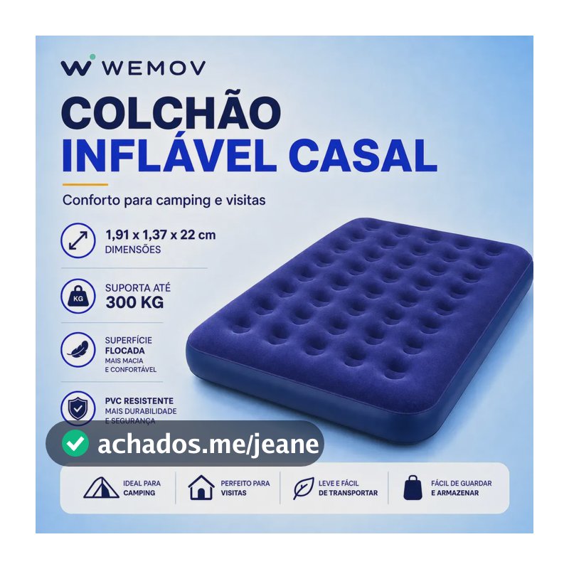 Colchão Inflável Casal grande Confortável e Aveludado para Acampamento com Bomba de Ar - Aguenta até 300kg - Wemov