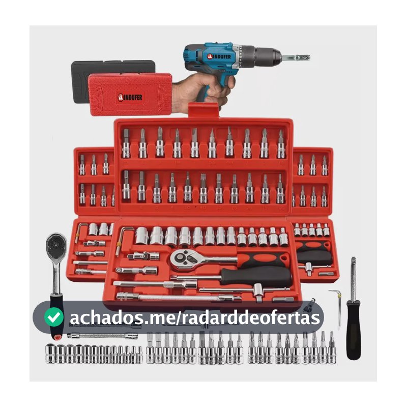 Kit Chave Catraca Soquete 46 Peças Indufer em Cromo Vanádio, para Manutenção
