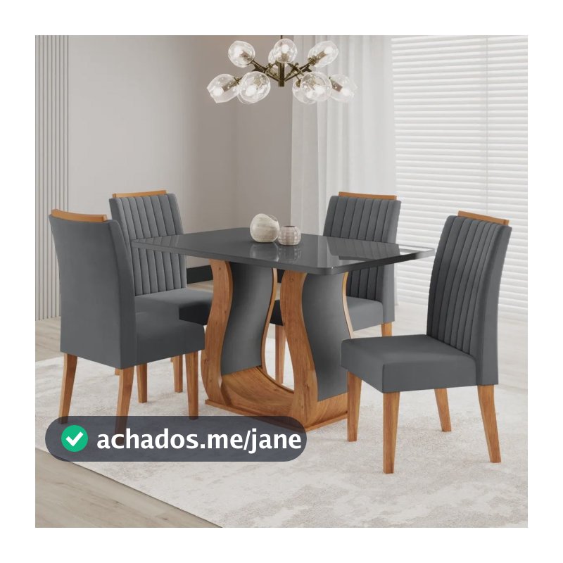 Mesa De Jantar 120x80cm Tampo Com Vidro 4 Cadeiras Fh Mel/cinza