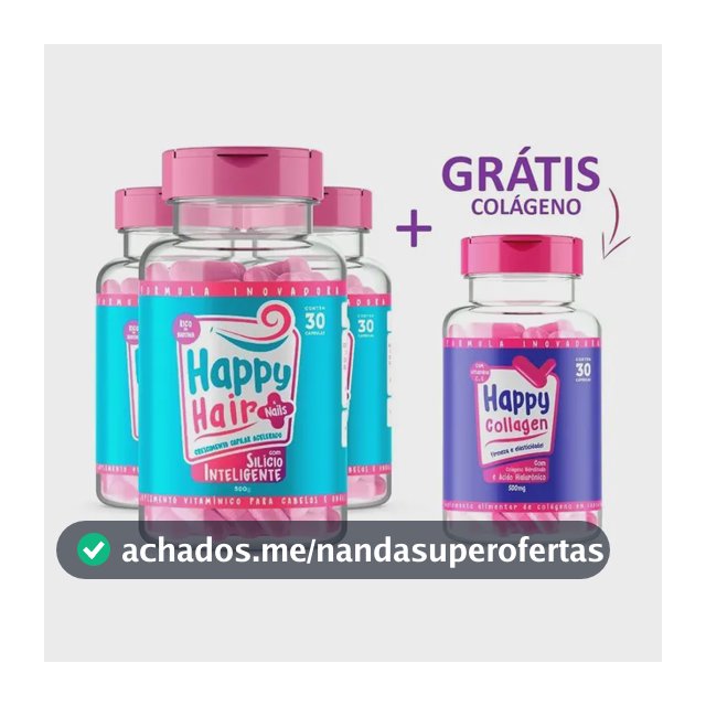 3x Happy Hair + Colágeno Com Ácido Hialurônico