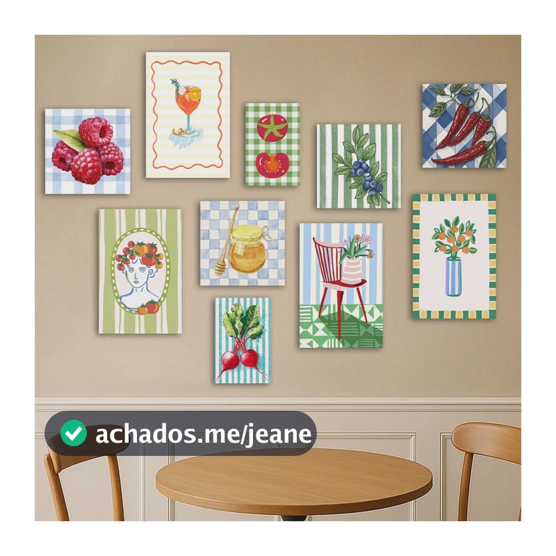 Quadros Cozinha Bistro Vintage Retrô Frutas Legumes Mosaico Verde-escuro