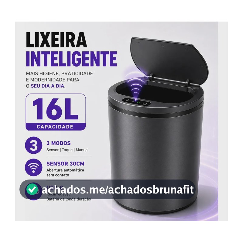 Lixeira Inteligente 16L Com Sensor Automático USB-C Para Cozinha Banheiro Cinza
