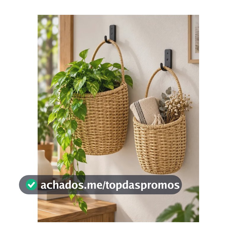 Kit 2 Cestos Suspensos Decorativos Fibra Sintética Tipo Palha Cachepô Para Plantas Alho Escovas Talheres Insumos P e G