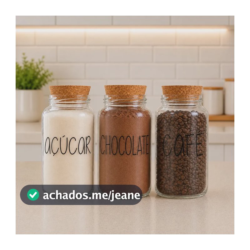 Kit 3 Potes De Vidro 810ml - Tampa De Rolha Cantinho Do Café Cor Café Açúcar Chocolate
