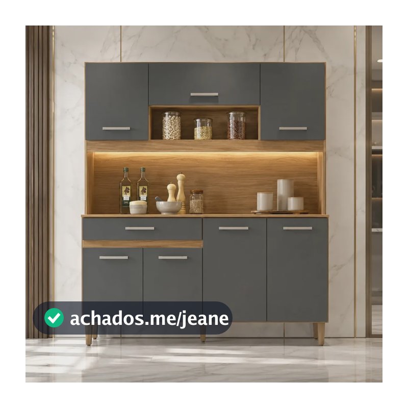 Kit Armário Gabinete Cozinha 7 Portas E 1 Gaveta Organizador Magazine Design Moderno Cor Freijó Chumbo