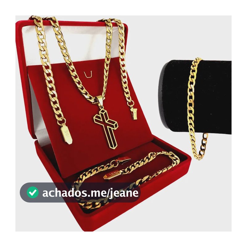 Kit Grumet Cordão Banhada A Ouro 70 Cm + Pulseira E Pingente Cruz 3d