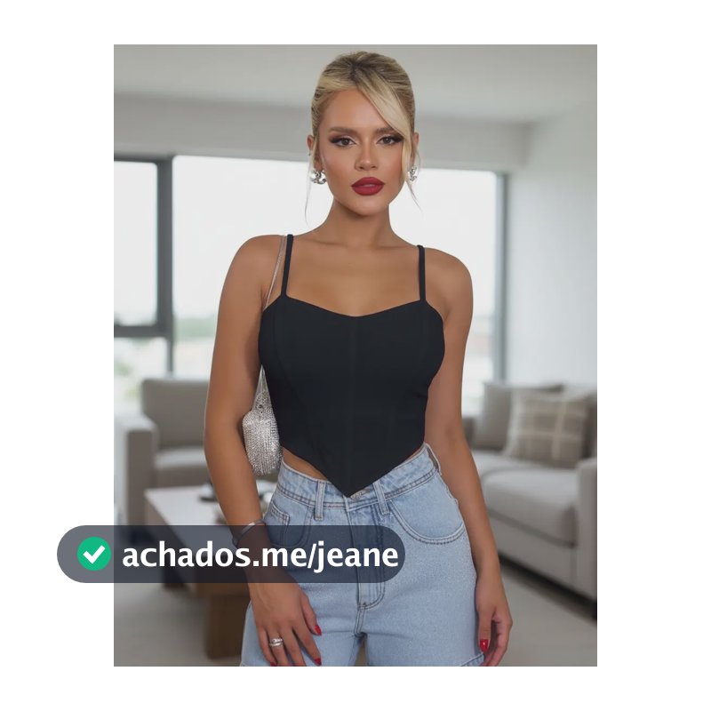 Cropped Corselet Corset Ribana Com Alcinha Bico Ponta Em V Preto Único