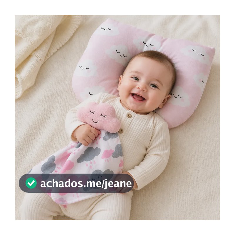 Kit Naninha Pelucia + Travesseiro Bebe Anatomico Almofada Nuvens (nuvem/chuva De Nuvens Com Rostinhos) Nuvem Rosa
