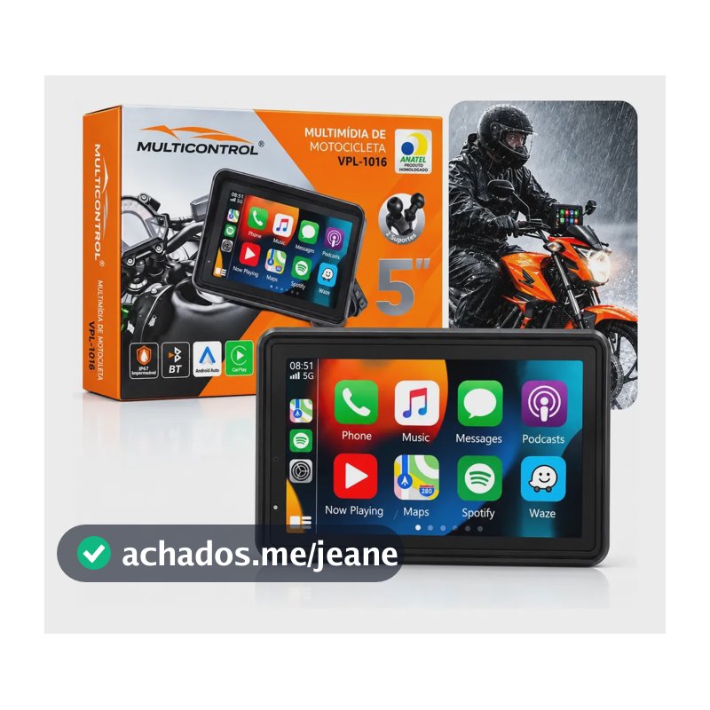 Multimídia Para Motos Tela Touch 5 Polegadas Hm-501 Com Carplay Touth Android Auto Sem Fio Ip67 A Prova D'água Preto - Multicontrol