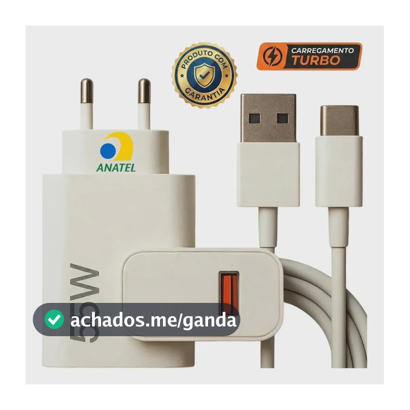 Carregador Turbo 55w USB-C Com Cabo Tipo C 1 Metro Fonte Bivolt 110v/220v, Carregamento Rápido Fast Charge, Ideal Para Celular Android, Compatível Com iPhone Samsung Motorola Xiaomi LG