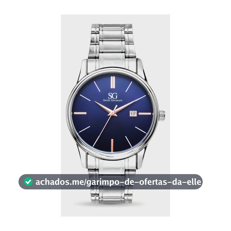 Relógio Masculino Clássico Pulseira Prata Correia Prateada Bisel Prateado Fundo Azul Marinho Saint Germain 42mm Elegante Detalhes Bronze