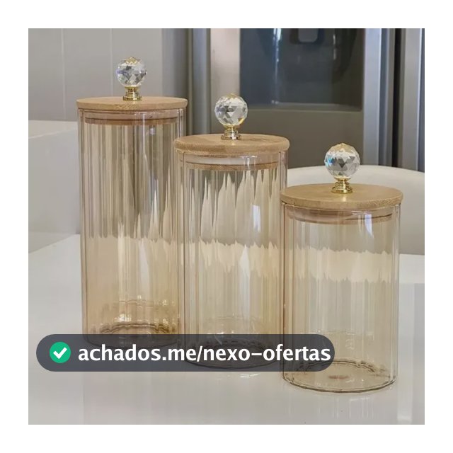 Kit 3 Potes Vidro Âmbar Mantimento Canelado Tampa Bambu Luxo Âmbar