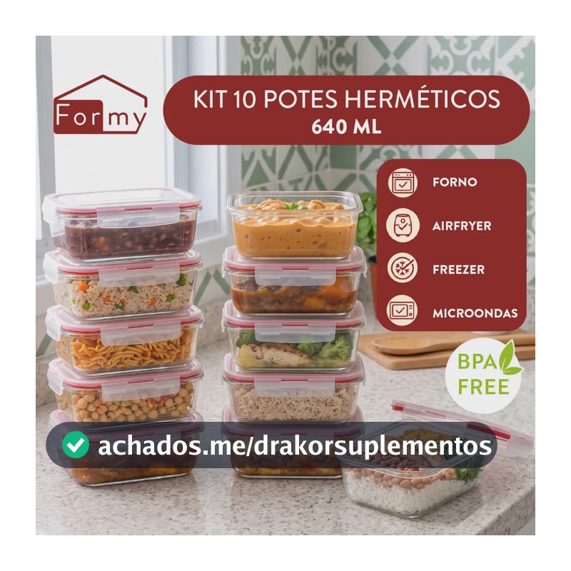 Kit 10 Pote De Vidro Marmita Hermético 640ml Freezer Fitness Borossilicato 4 Travas Micro-ondas Azul-Escuro