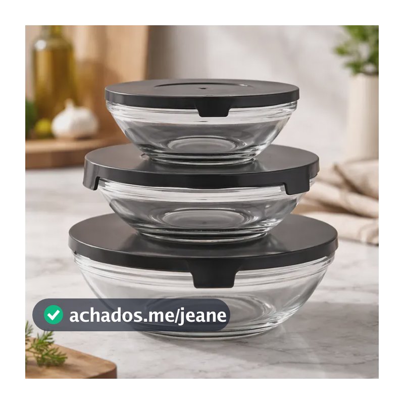 Kit Potes De Vidro 3 Peças Tigelas Com Tampa De Plástico Preto