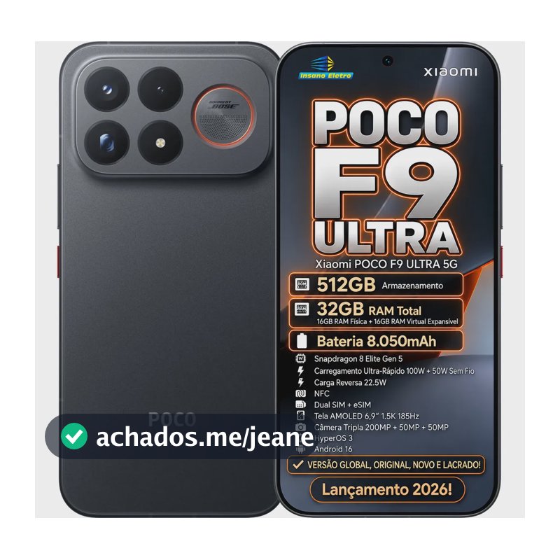 Xiaomi Poco F9 Ultra 512gb+32gb Ram 5g Nfc Snapdragon 8 Elite Gen 5 200mp Amoled 6,9' 185hz Bateria 8050mah 100w+50w Sem Fio Original Global Lacrado Preto