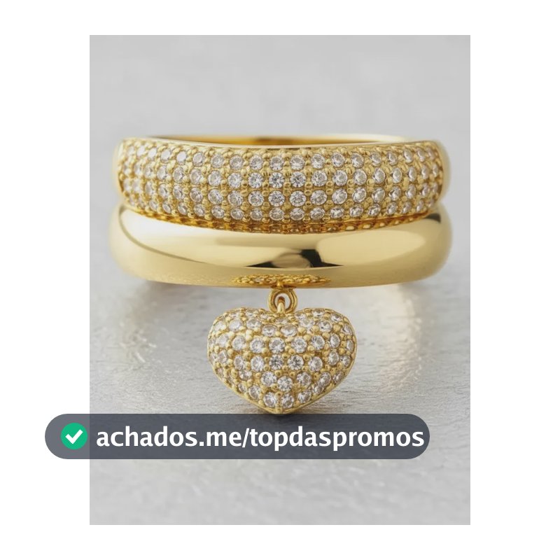 Anel Duplo Pingente De Coração Cravejado Aliança Presente Dourado 17
