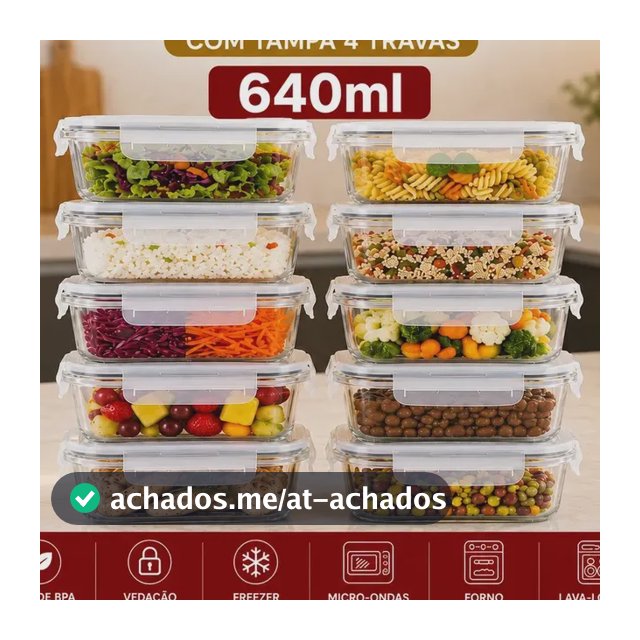 Kit 10 Potes Herméticos Vidro 640ml Starhouse Marmita Forno Micro-ondas Airfryer com 4 travas de super vedação