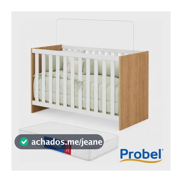 Berço Cama Com Colchão Infantil Probel E Grade De Proteção Removível Branco Amadeirado Para Quarto De Bebê Menino Ou Menina Life
