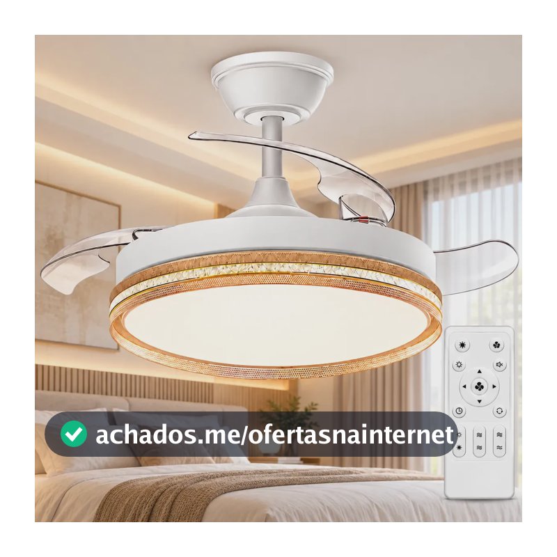 Ventilador de Teto Dourado 42" Com Pás Retráteis, Luz LED e Controle Remoto