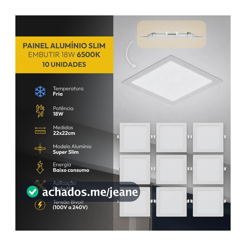Kit 10 Painel Led Plafon Aluminio Embutir Quadrado 6500K Branco Frio 18w 22x22Cm