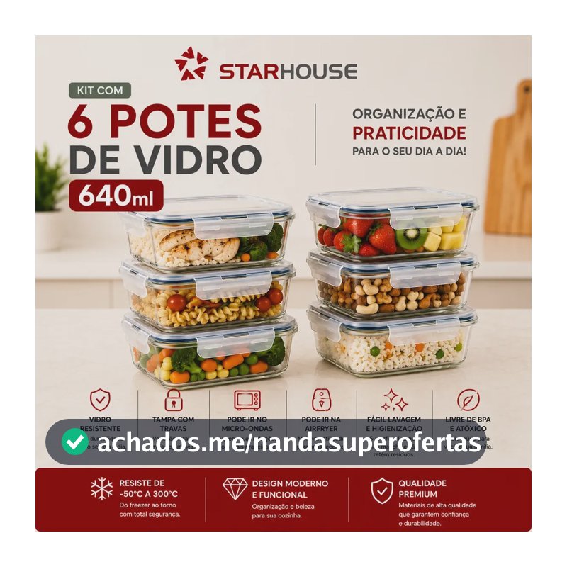 Kit 6 Potes 640ml Vidro Hermético 4 Travas Marmita Refratario Star House com 4 travas de super vedação