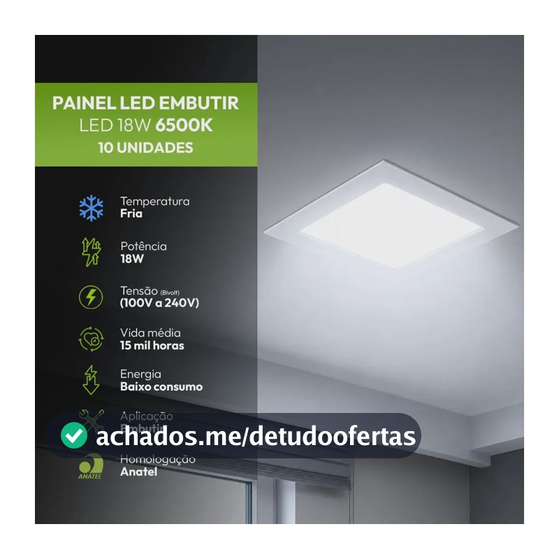Kit 10 Painel led Plafon Embutir 18w 6500k Branco Frio 12cm 110v/220v Bivolt Quadrado Branco Cod:399211371 Easy By Avant