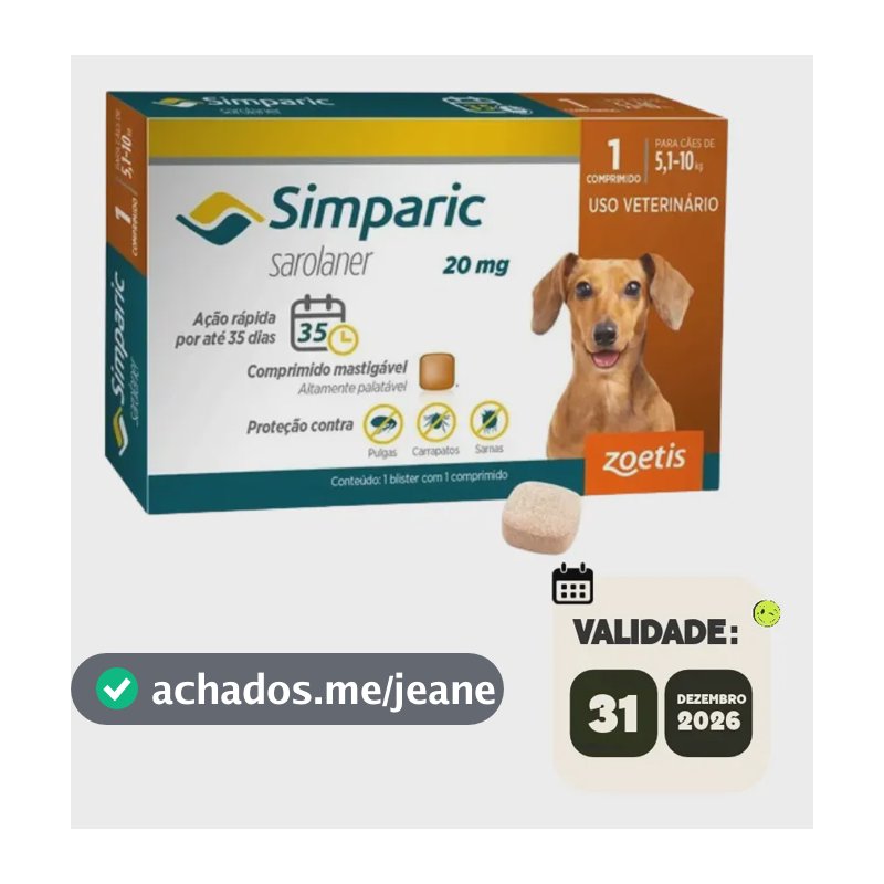 Simparic 20mg Antipulgas Cães 5 A 10kg 1 Comprimidos Zoetis