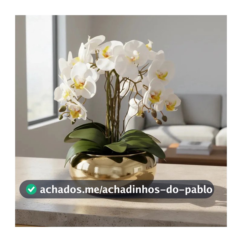 Arranjo Orquídea Branca Artificial em Vaso Dourado Espelhado de Luxo