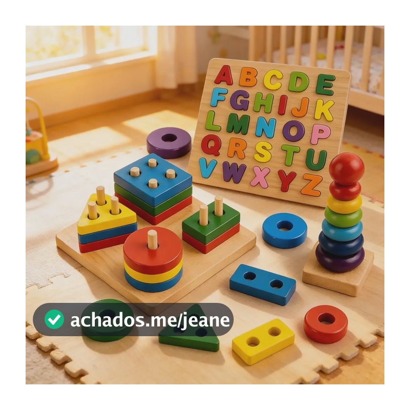 Kit 3 Montessori Brinquedo Pedagógico Madeira Encaixe Formas Colorido