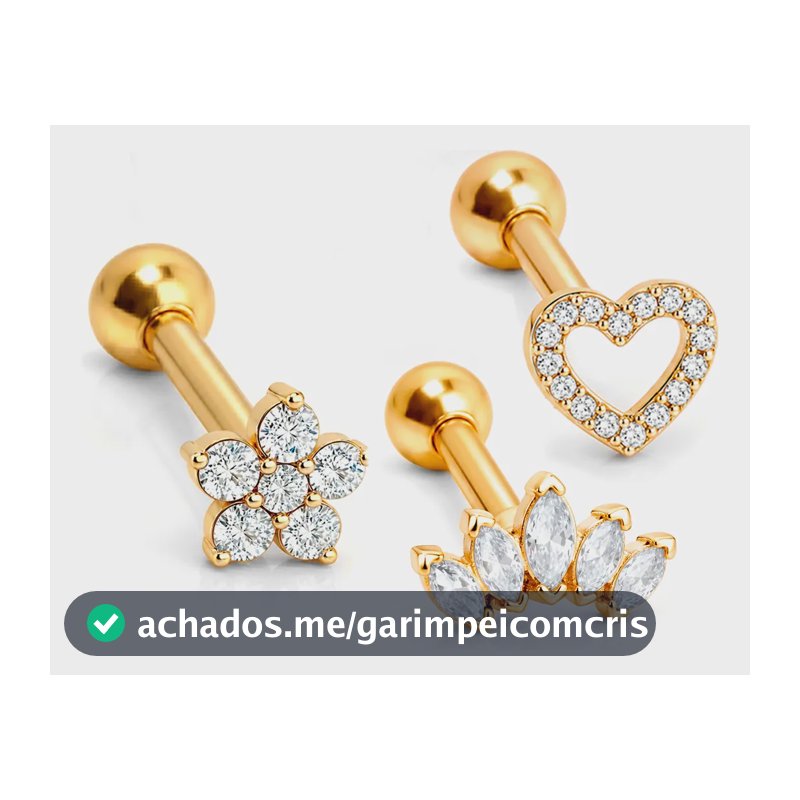 Kit 3 Piercings Flor Coração Coroa Orelha Tragus Helix Dourado