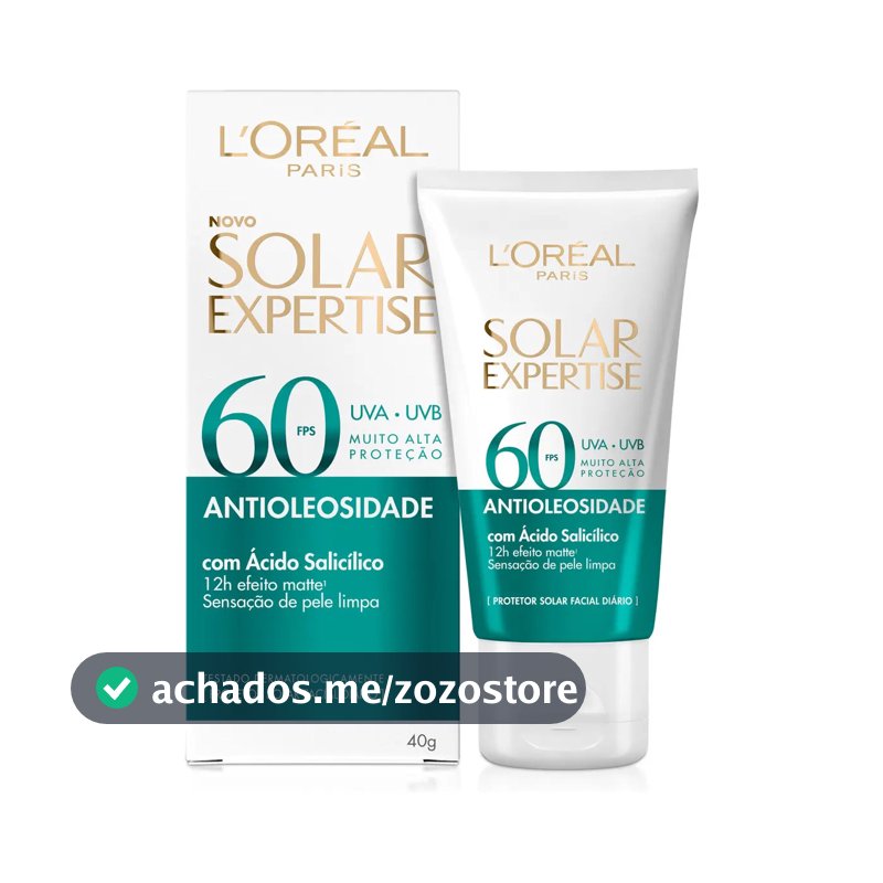 Protetor Solar Facial Antioleosidade FPS60, Controle de Oleosidade por 12h, Efeito Matte Sem Cor, Solar Expertise L'Oreal Paris, 40g