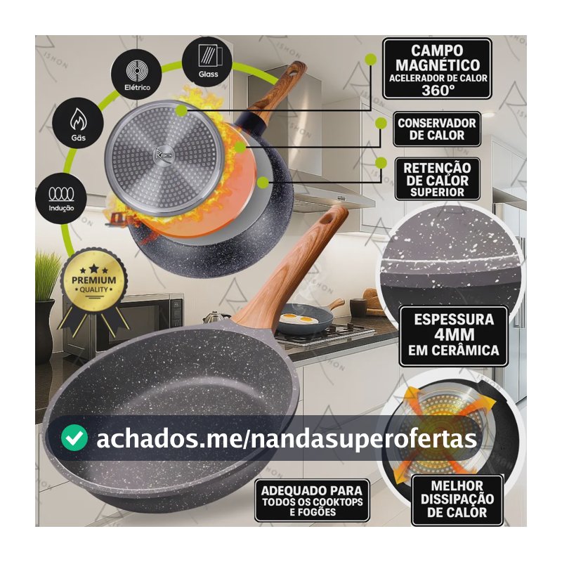 Frigideira Cerâmica Antiaderente Grande 24CM Fogão A Gás Indução Cooktop Elétrico Panela Frita Sem Óleo Não Gruda Rishon