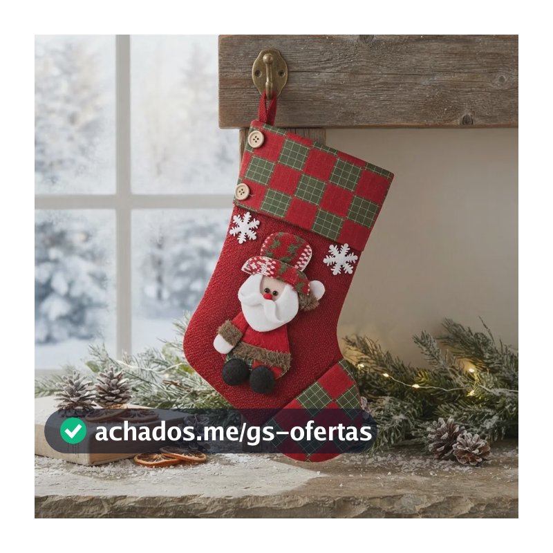 Meia Bota Natalina Papai Noel Vermelha Com Detalhes Xadrez Branco Bota Enfeite Natal