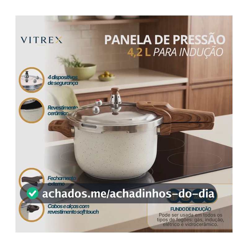 Panela de Pressão Vitrex Moncler 4.2 L Cerâmica e Indução com 4 Válvulas de Segurança