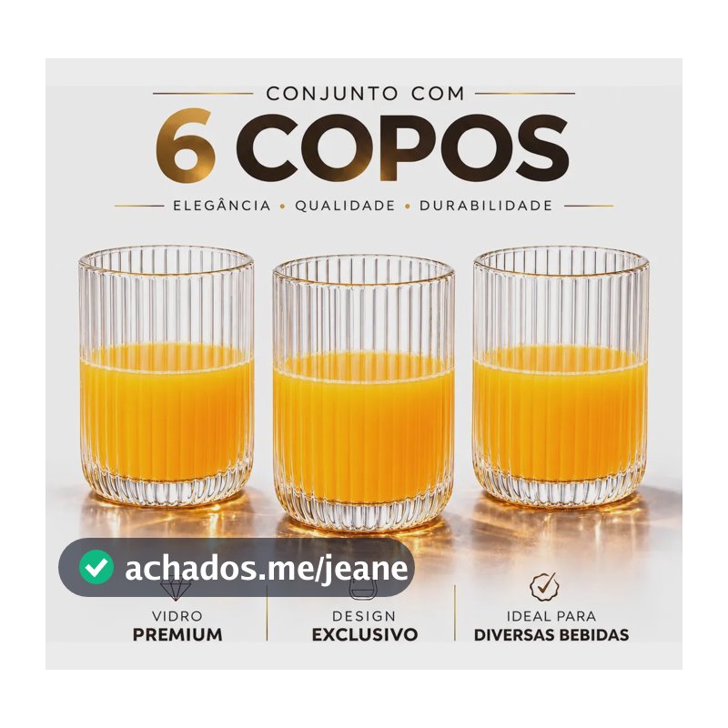Kit de 6 Copos de Vidro Canelado Transparente, 270ml, para Água e Drinks