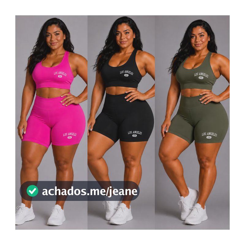 Kit 3 Conjunto Top Short Academia Plus Size Los Angeles Preto Kit 3 Preto/rosa/verde G1