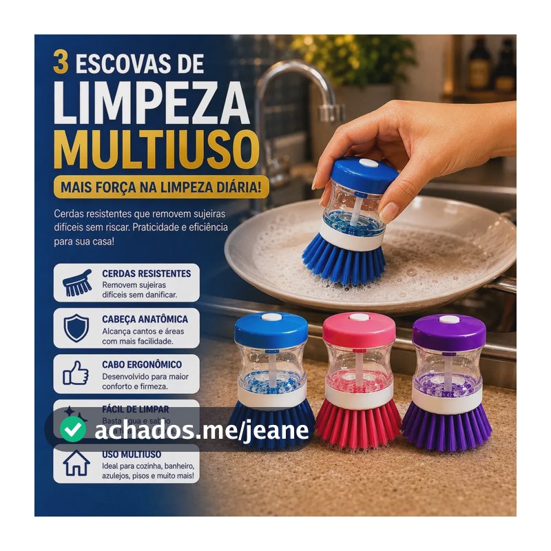 Kit 3 Escovas Lava Louças Com Dispenser Integrado Limpeza Aleatória