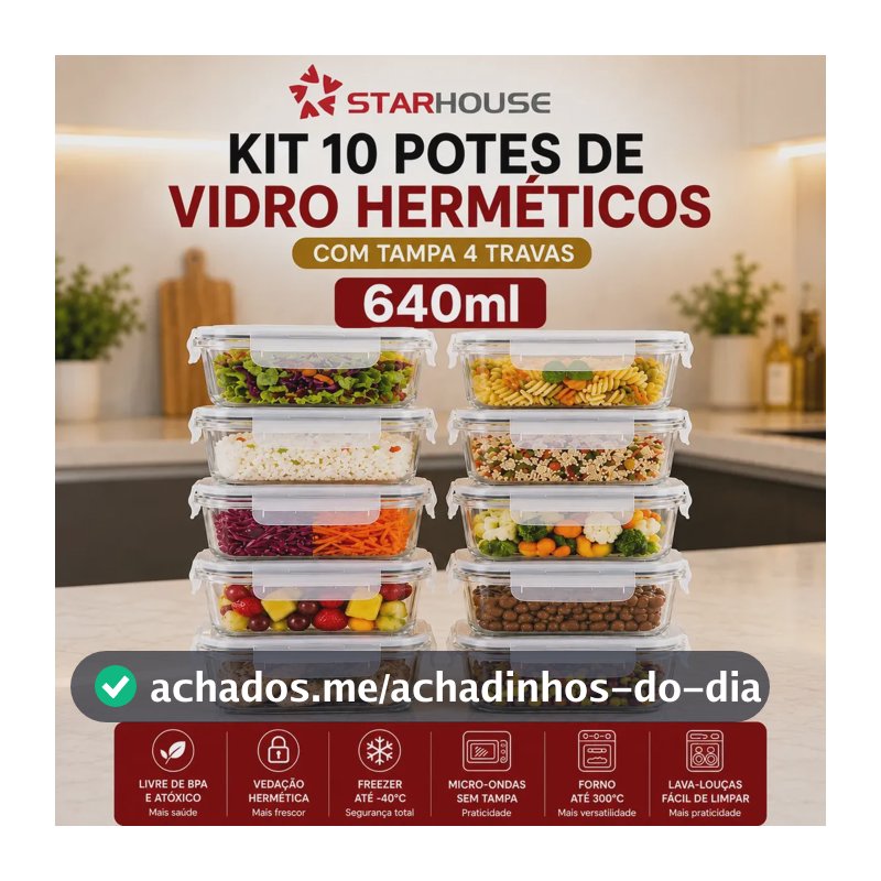 Kit 10 Potes Herméticos Vidro 640ml Starhouse Marmita Forno Micro-ondas Airfryer com 4 travas de super vedação
