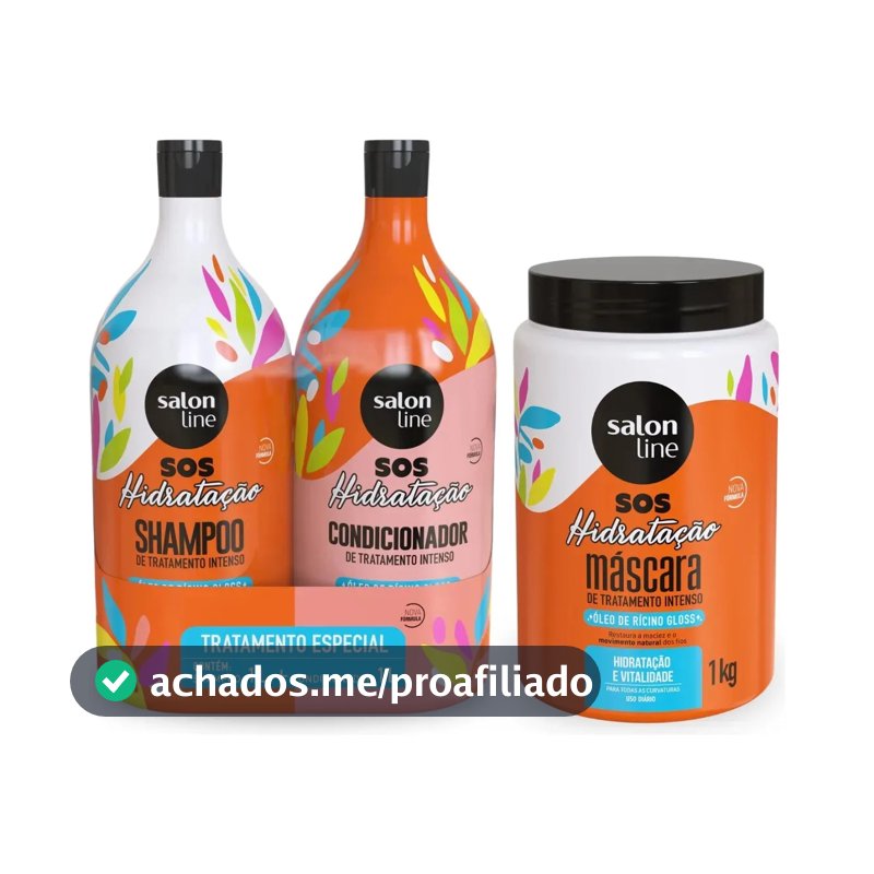Kit Shampoo E Condicionador 1l + Máscara 1kg Sos Hidratação com Óleo de Rícino Linha de Tratamento Cabelos Danificados
