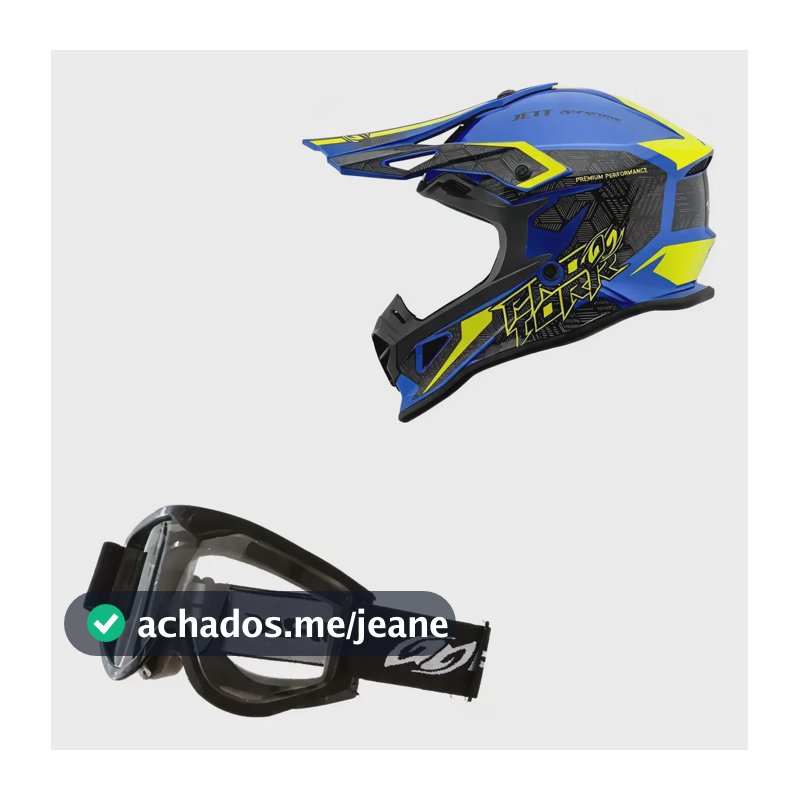 Capacete Motocross Fast Brave Com Oculos Pro Tork Trilha Azul - Amarelo 59/60