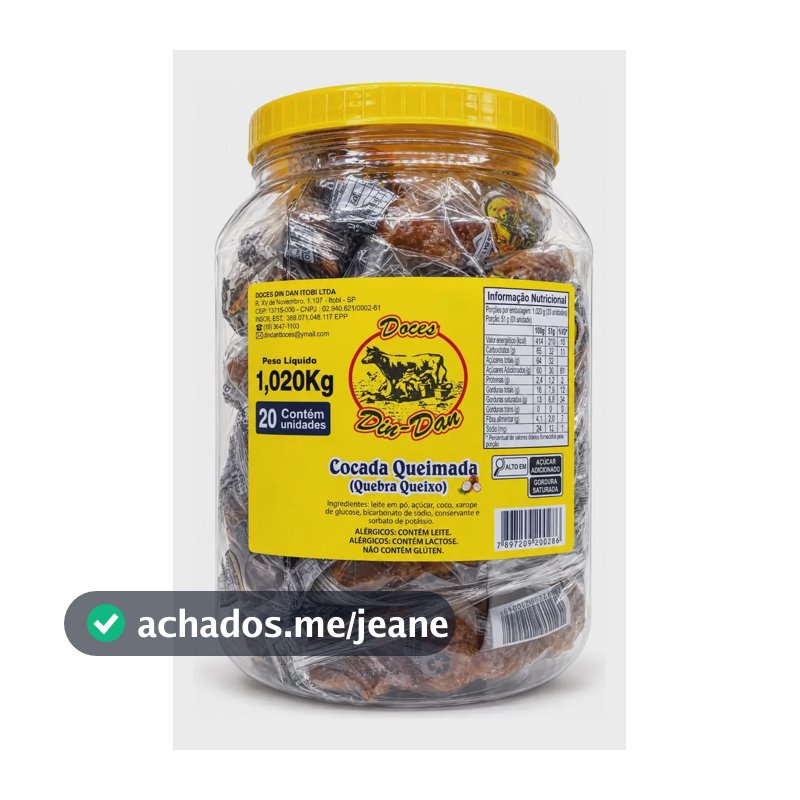 Cocada queimada caseira Din Dan 1,020kg com 20 unidades doce Quebra Queixo