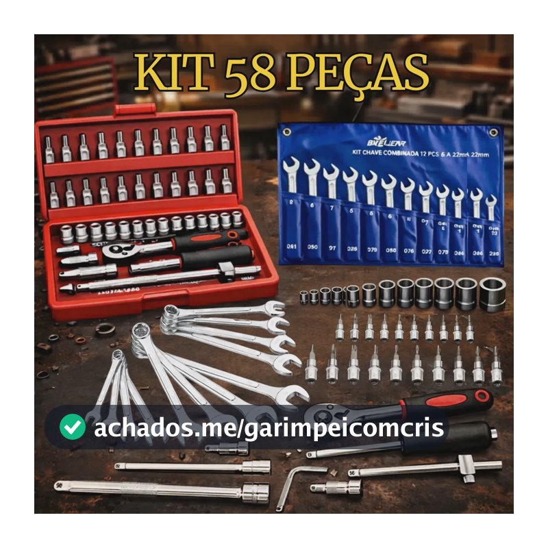 Kit Jogo De Ferramentas 58 Peças Completo Profissional Soquete 46 Peças + Chave Combinada 12 Peças Conserto Carro Moto Casa Oficina Kit Soquetes Com Catraca 46 Peças + Jogo 12 Chaves + Maleta Hexon