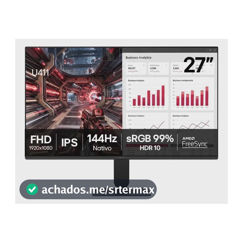 Monitor LG FHD Gamer & Office tela IPS 27”, 1ms (MBR), 144Hz Nativo, FreeSync, HDR10, sRGB, Modo leitura, Flicker Safe, HDMI, Black Stabilizer, Dynamic Action Sync, Preto - 27U411B